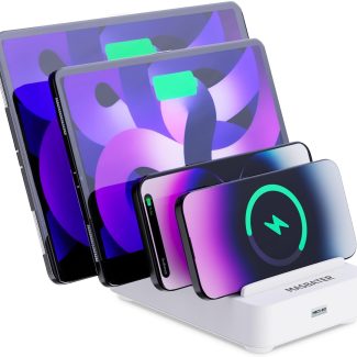 4-Port Charging Station for Multiple Devices, USB Charger Stations Multi-Device Organizer Charging Dock, Compatible with Cell Phones, iPads, Kindle Tablets, and Other Electronics (White)